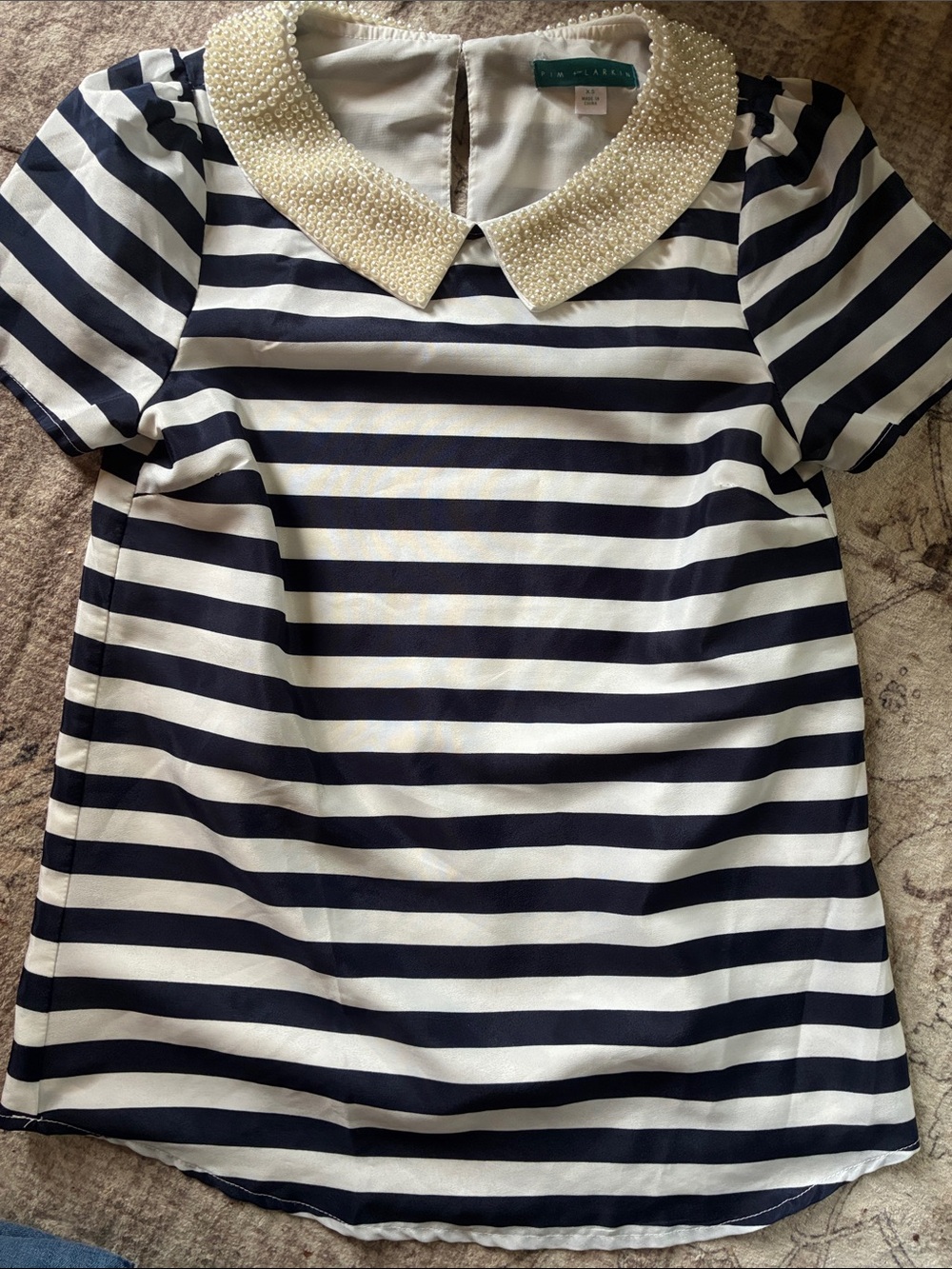 Pim + Larkin by Anthropologie Navy and White Striped Pearl Collar Blouse xs
